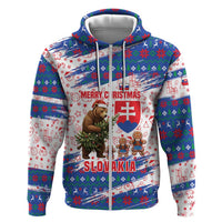 Slovakia Christmas Hoodie with Bear Holding Tree Gingerbread Cookies and Red Blue Snowflake Pattern Design - Wonder Print Shop