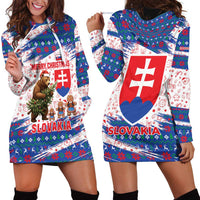 Slovakia Christmas Hoodie Dress with Bear Holding Tree Gingerbread Cookies and Red Blue Snowflake Pattern Design - Wonder Print Shop