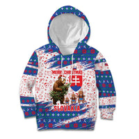 Slovakia Christmas Kid Hoodie with Bear Holding Tree Gingerbread Cookies and Red Blue Snowflake Pattern Design - Wonder Print Shop