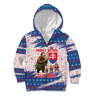 Slovakia Christmas Kid Hoodie with Bear Holding Tree Gingerbread Cookies and Red Blue Snowflake Pattern Design - Wonder Print Shop