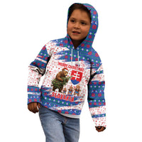 Slovakia Christmas Kid Hoodie with Bear Holding Tree Gingerbread Cookies and Red Blue Snowflake Pattern Design - Wonder Print Shop