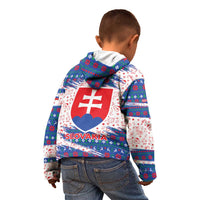 Slovakia Christmas Kid Hoodie with Bear Holding Tree Gingerbread Cookies and Red Blue Snowflake Pattern Design - Wonder Print Shop