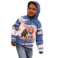 Slovakia Christmas Kid Hoodie with Bear Holding Tree Gingerbread Cookies and Red Blue Snowflake Pattern Design - Wonder Print Shop