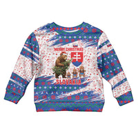 Slovakia Christmas Kid Ugly Christmas Sweater with Bear Holding Tree Gingerbread Cookies and Red Blue Snowflake Pattern Design - Wonder Print Shop