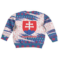 Slovakia Christmas Kid Ugly Christmas Sweater with Bear Holding Tree Gingerbread Cookies and Red Blue Snowflake Pattern Design - Wonder Print Shop