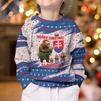 Slovakia Christmas Kid Ugly Christmas Sweater with Bear Holding Tree Gingerbread Cookies and Red Blue Snowflake Pattern Design - Wonder Print Shop