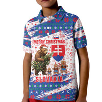 Slovakia Christmas Kid Polo Shirt with Bear Holding Tree Gingerbread Cookies and Red Blue Snowflake Pattern Design - Wonder Print Shop