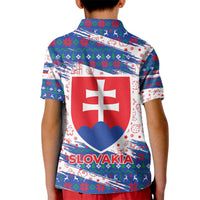 Slovakia Christmas Kid Polo Shirt with Bear Holding Tree Gingerbread Cookies and Red Blue Snowflake Pattern Design - Wonder Print Shop