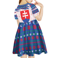Slovakia Christmas Kid Short Sleeve Dress with Bear Holding Tree Gingerbread Cookies and Red Blue Snowflake Pattern Design - Wonder Print Shop