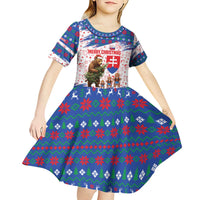 Slovakia Christmas Kid Short Sleeve Dress with Bear Holding Tree Gingerbread Cookies and Red Blue Snowflake Pattern Design - Wonder Print Shop
