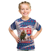 Slovakia Christmas Kid T Shirt with Bear Holding Tree Gingerbread Cookies and Red Blue Snowflake Pattern Design - Wonder Print Shop