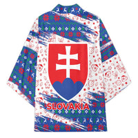 Slovakia Christmas Kimono with Bear Holding Tree Gingerbread Cookies and Red Blue Snowflake Pattern Design - Wonder Print Shop