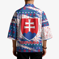 Slovakia Christmas Kimono with Bear Holding Tree Gingerbread Cookies and Red Blue Snowflake Pattern Design - Wonder Print Shop