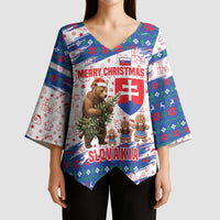 Slovakia Christmas Kimono Sleeve Blouse with Bear Holding Tree Gingerbread Cookies and Red Blue Snowflake Pattern Design - Wonder Print Shop