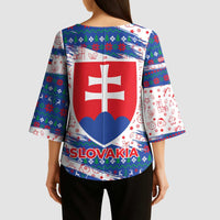 Slovakia Christmas Kimono Sleeve Blouse with Bear Holding Tree Gingerbread Cookies and Red Blue Snowflake Pattern Design - Wonder Print Shop