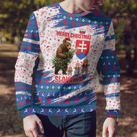 Slovakia Christmas Ugly Christmas Sweater with Bear Holding Tree Gingerbread Cookies and Red Blue Snowflake Pattern Design - Wonder Print Shop