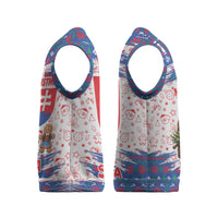 Slovakia Christmas Knitted V-Neck Vest with Bear Holding Tree Gingerbread Cookies and Red Blue Snowflake Pattern Design - Wonder Print Shop