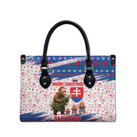 Slovakia Christmas Leather Bag with Bear Holding Tree Gingerbread Cookies and Red Blue Snowflake Pattern Design - Wonder Print Shop
