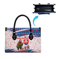 Slovakia Christmas Leather Bag with Bear Holding Tree Gingerbread Cookies and Red Blue Snowflake Pattern Design - Wonder Print Shop