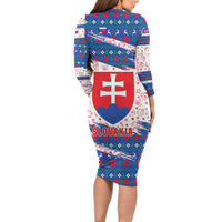 Slovakia Christmas Long Sleeve Bodycon Dress with Bear Holding Tree Gingerbread Cookies and Red Blue Snowflake Pattern Design - Wonder Print Shop