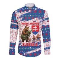 Slovakia Christmas Long Sleeve Button Shirt with Bear Holding Tree Gingerbread Cookies and Red Blue Snowflake Pattern Design - Wonder Print Shop