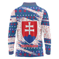 Slovakia Christmas Long Sleeve Polo Shirt with Bear Holding Tree Gingerbread Cookies and Red Blue Snowflake Pattern Design - Wonder Print Shop