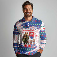 Slovakia Christmas Long Sleeve Polo Shirt with Bear Holding Tree Gingerbread Cookies and Red Blue Snowflake Pattern Design - Wonder Print Shop