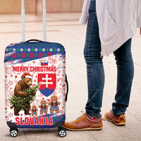 Slovakia Christmas Luggage Cover with Bear Holding Tree Gingerbread Cookies and Red Blue Snowflake Pattern Design - Wonder Print Shop