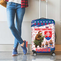 Slovakia Christmas Luggage Cover with Bear Holding Tree Gingerbread Cookies and Red Blue Snowflake Pattern Design - Wonder Print Shop