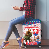 Slovakia Christmas Luggage Cover with Bear Holding Tree Gingerbread Cookies and Red Blue Snowflake Pattern Design - Wonder Print Shop