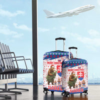 Slovakia Christmas Luggage Cover with Bear Holding Tree Gingerbread Cookies and Red Blue Snowflake Pattern Design - Wonder Print Shop