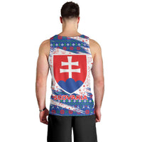 Slovakia Christmas Men Tank Top with Bear Holding Tree Gingerbread Cookies and Red Blue Snowflake Pattern Design - Wonder Print Shop