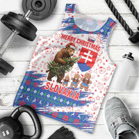 Slovakia Christmas Men Tank Top with Bear Holding Tree Gingerbread Cookies and Red Blue Snowflake Pattern Design - Wonder Print Shop