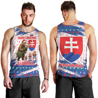 Slovakia Christmas Men Tank Top with Bear Holding Tree Gingerbread Cookies and Red Blue Snowflake Pattern Design - Wonder Print Shop