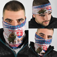 Slovakia Christmas Neck Gaiter with Bear Holding Tree Gingerbread Cookies and Red Blue Snowflake Pattern Design - Wonder Print Shop