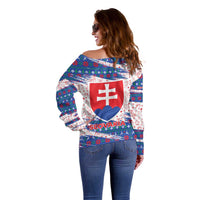 Slovakia Christmas Off Shoulder Sweater with Bear Holding Tree Gingerbread Cookies and Red Blue Snowflake Pattern Design - Wonder Print Shop