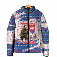 Slovakia Christmas Padded Jacket with Bear Holding Tree Gingerbread Cookies and Red Blue Snowflake Pattern Design - Wonder Print Shop