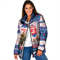 Slovakia Christmas Padded Jacket with Bear Holding Tree Gingerbread Cookies and Red Blue Snowflake Pattern Design - Wonder Print Shop