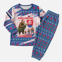 Slovakia Christmas Pajama Set with Bear Holding Tree Gingerbread Cookies and Red Blue Snowflake Pattern Design - Wonder Print Shop