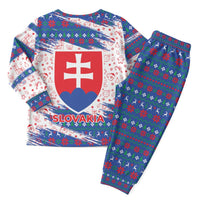 Slovakia Christmas Pajama Set with Bear Holding Tree Gingerbread Cookies and Red Blue Snowflake Pattern Design - Wonder Print Shop