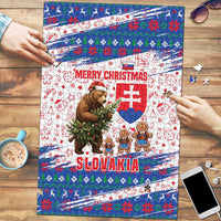 Slovakia Christmas Puzzle with Bear Holding Tree Gingerbread Cookies and Red Blue Snowflake Pattern Design - Wonder Print Shop