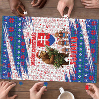 Slovakia Christmas Puzzle with Bear Holding Tree Gingerbread Cookies and Red Blue Snowflake Pattern Design - Wonder Print Shop