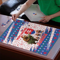 Slovakia Christmas Puzzle with Bear Holding Tree Gingerbread Cookies and Red Blue Snowflake Pattern Design - Wonder Print Shop