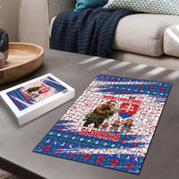 Slovakia Christmas Puzzle with Bear Holding Tree Gingerbread Cookies and Red Blue Snowflake Pattern Design - Wonder Print Shop
