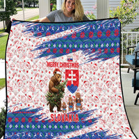 Slovakia Christmas Quilt with Bear Holding Tree Gingerbread Cookies and Red Blue Snowflake Pattern Design - Wonder Print Shop