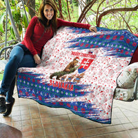 Slovakia Christmas Quilt with Bear Holding Tree Gingerbread Cookies and Red Blue Snowflake Pattern Design - Wonder Print Shop