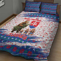 Slovakia Christmas Quilt Bed Set with Bear Holding Tree Gingerbread Cookies and Red Blue Snowflake Pattern Design - Wonder Print Shop