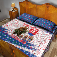Slovakia Christmas Quilt Bed Set with Bear Holding Tree Gingerbread Cookies and Red Blue Snowflake Pattern Design - Wonder Print Shop