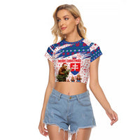 Slovakia Christmas Raglan Cropped T Shirt with Bear Holding Tree Gingerbread Cookies and Red Blue Snowflake Pattern Design - Wonder Print Shop