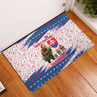 Slovakia Christmas Rubber Doormat with Bear Holding Tree Gingerbread Cookies and Red Blue Snowflake Pattern Design - Wonder Print Shop
